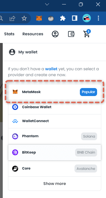 OpenSeaの「My wallet」画面からMetaMaskを選択